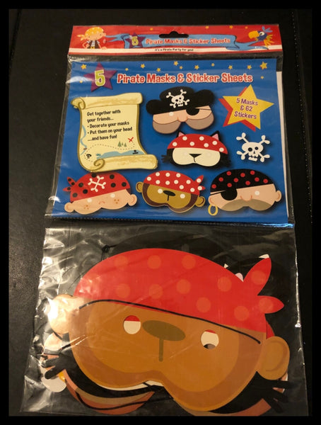 5x Kids Paper Pirate Masks & Sticker Set - Party Bag Fillers - New Sealed