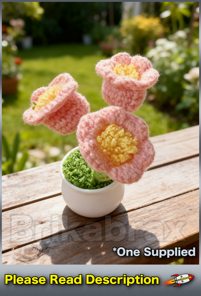 Crochet Knitted Artificial Flower Plant in Pot - Hand Woven Potted PINK LILY New