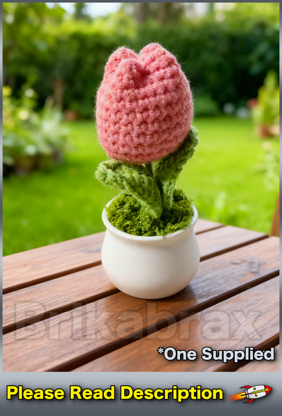 Crochet Knitted Artificial Flower Plant in Pot - Hand Woven Potted PINK TULIP