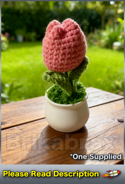 Crochet Knitted Artificial Flower Plant in Pot - Hand Woven Potted PINK TULIP
