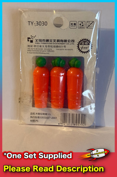 Carrot Shaped Pencil Caps 3 Pack - New Sealed