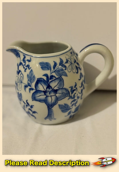 Vintage Blue and White Floral Ceramic Cream Pitcher Circa 1970s