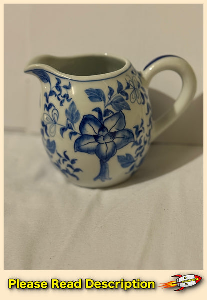 Vintage Blue and White Floral Ceramic Cream Pitcher Circa 1970s