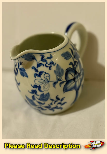 Vintage Blue and White Floral Ceramic Cream Pitcher Circa 1970s