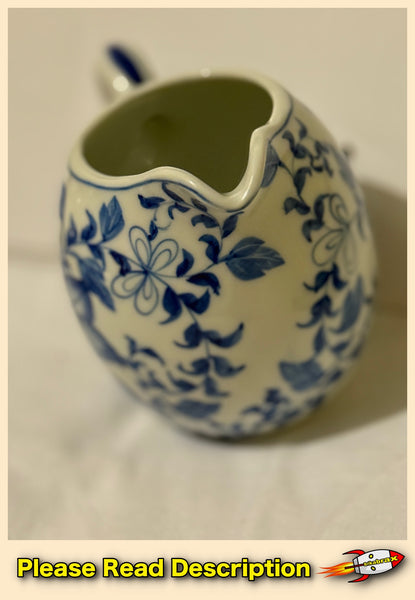 Vintage Blue and White Floral Ceramic Cream Pitcher Circa 1970s