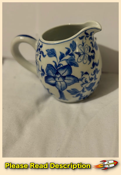 Vintage Blue and White Floral Ceramic Cream Pitcher Circa 1970s