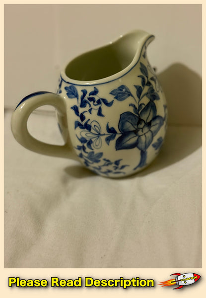 Vintage Blue and White Floral Ceramic Cream Pitcher Circa 1970s
