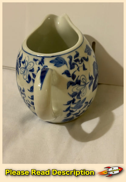 Vintage Blue and White Floral Ceramic Cream Pitcher Circa 1970s