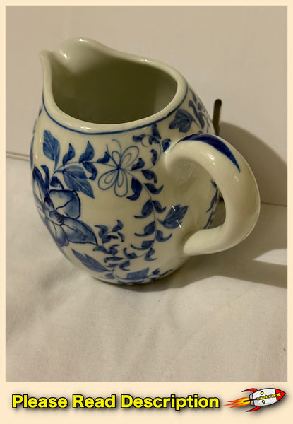 Vintage Blue and White Floral Ceramic Cream Pitcher Circa 1970s