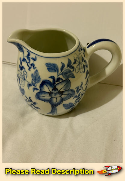 Vintage Blue and White Floral Ceramic Cream Pitcher Circa 1970s