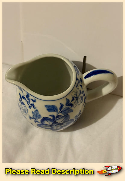 Vintage Blue and White Floral Ceramic Cream Pitcher Circa 1970s