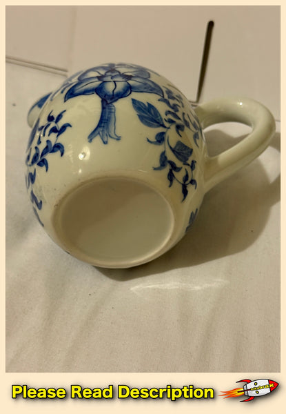 Vintage Blue and White Floral Ceramic Cream Pitcher Circa 1970s