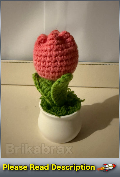 Crochet Knitted Artificial Flower Plant in Pot - Hand Woven Potted PINK TULIP
