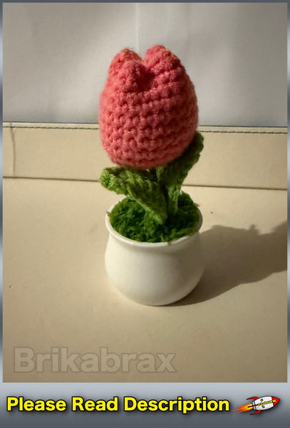 Crochet Knitted Artificial Flower Plant in Pot - Hand Woven Potted PINK TULIP