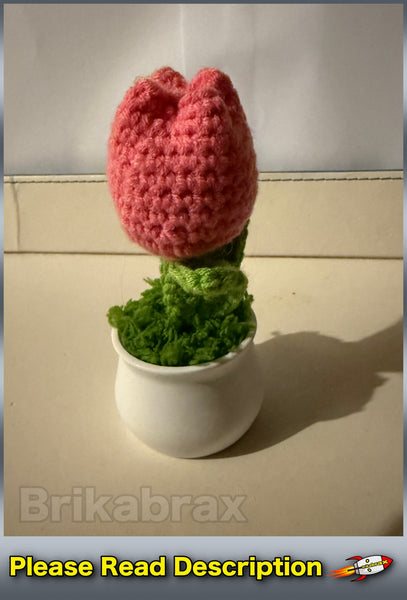 Crochet Knitted Artificial Flower Plant in Pot - Hand Woven Potted PINK TULIP