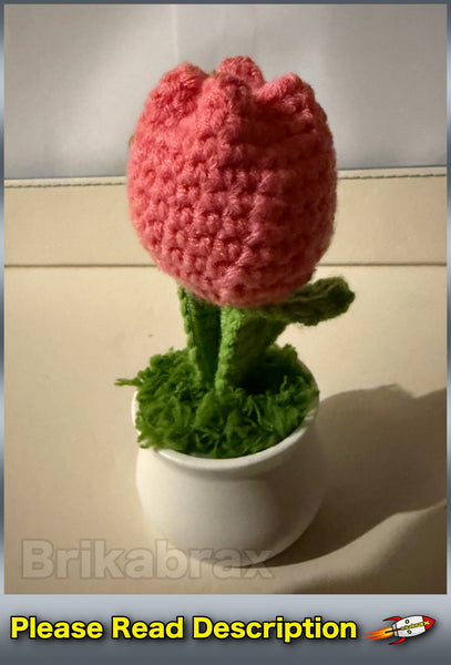 Crochet Knitted Artificial Flower Plant in Pot - Hand Woven Potted PINK TULIP