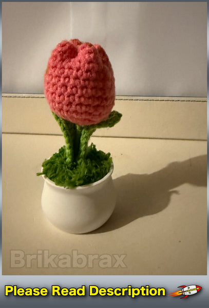 Crochet Knitted Artificial Flower Plant in Pot - Hand Woven Potted PINK TULIP
