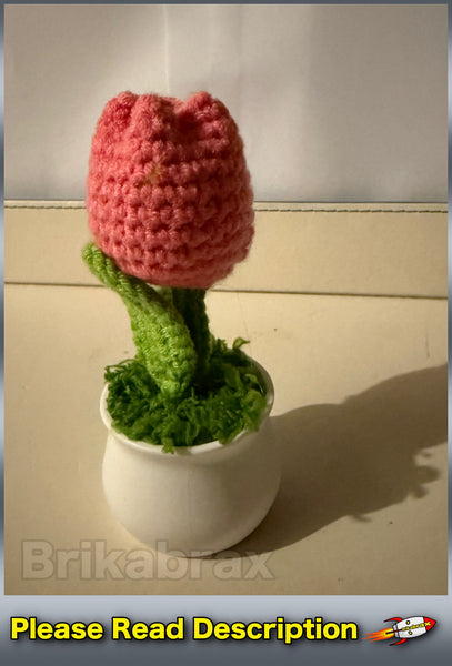 Crochet Knitted Artificial Flower Plant in Pot - Hand Woven Potted PINK TULIP