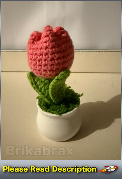 Crochet Knitted Artificial Flower Plant in Pot - Hand Woven Potted PINK TULIP