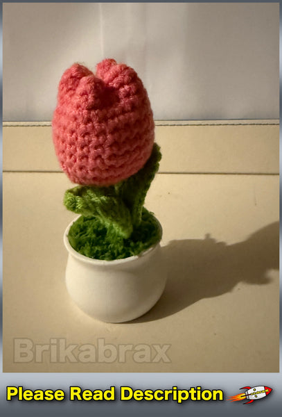 Crochet Knitted Artificial Flower Plant in Pot - Hand Woven Potted PINK TULIP