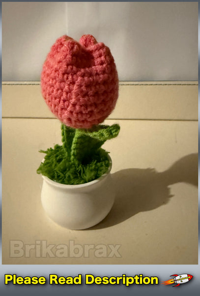 Crochet Knitted Artificial Flower Plant in Pot - Hand Woven Potted PINK TULIP