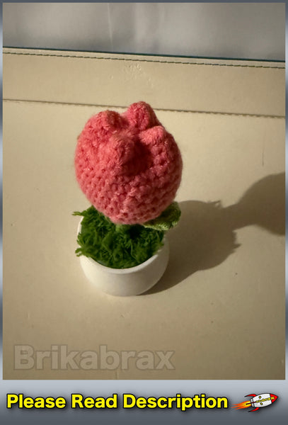 Crochet Knitted Artificial Flower Plant in Pot - Hand Woven Potted PINK TULIP