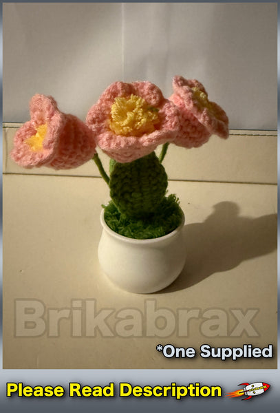 Crochet Knitted Artificial Flower Plant in Pot - Hand Woven Potted PINK LILY New