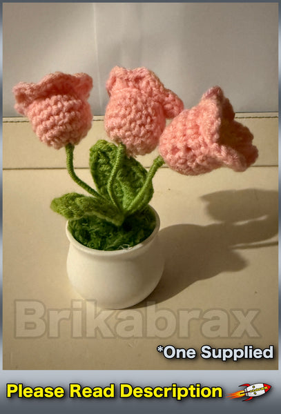 Crochet Knitted Artificial Flower Plant in Pot - Hand Woven Potted PINK LILY New