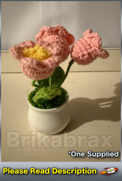 Crochet Knitted Artificial Flower Plant in Pot - Hand Woven Potted PINK LILY New