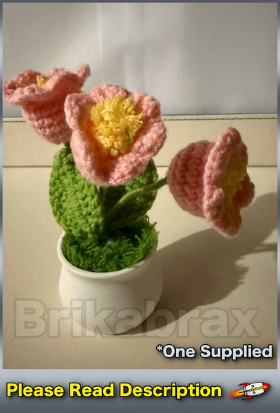Crochet Knitted Artificial Flower Plant in Pot - Hand Woven Potted PINK LILY New