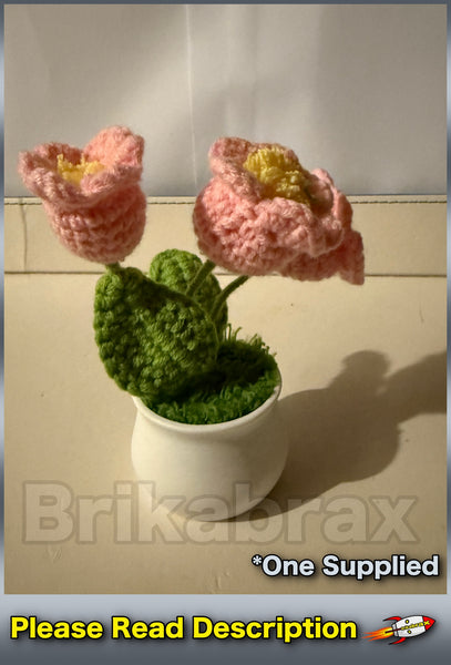 Crochet Knitted Artificial Flower Plant in Pot - Hand Woven Potted PINK LILY New