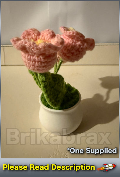 Crochet Knitted Artificial Flower Plant in Pot - Hand Woven Potted PINK LILY New