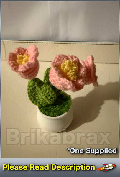 Crochet Knitted Artificial Flower Plant in Pot - Hand Woven Potted PINK LILY New