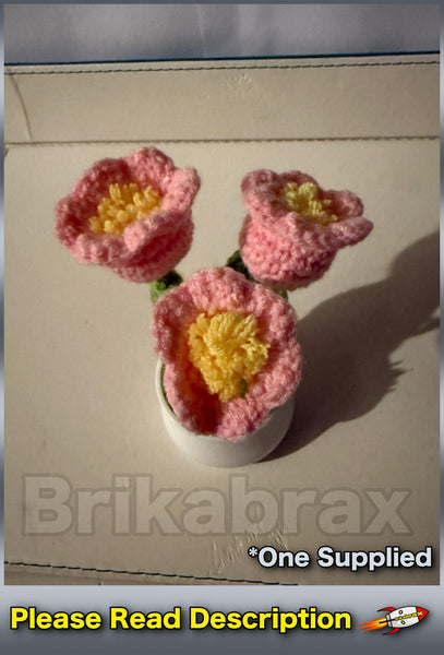 Crochet Knitted Artificial Flower Plant in Pot - Hand Woven Potted PINK LILY New