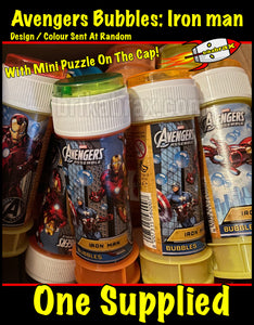 Avengers Bubbles: Iron Man - Comes With Mini Puzzle in Cap - Bubble Blowing Tubes - New