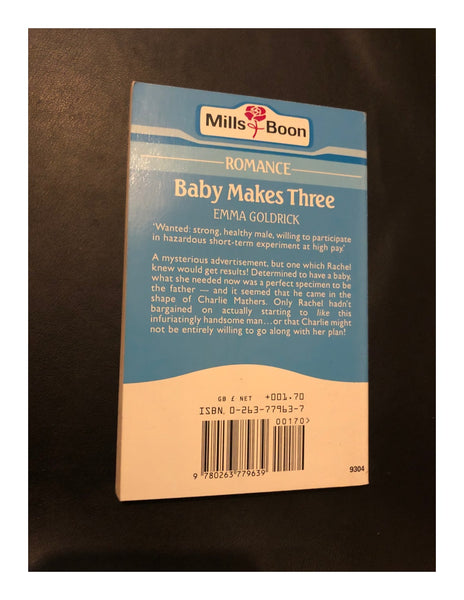 Baby Makes Three by Emma Goldrick (Paperback 1993) A Mills & Boon Book