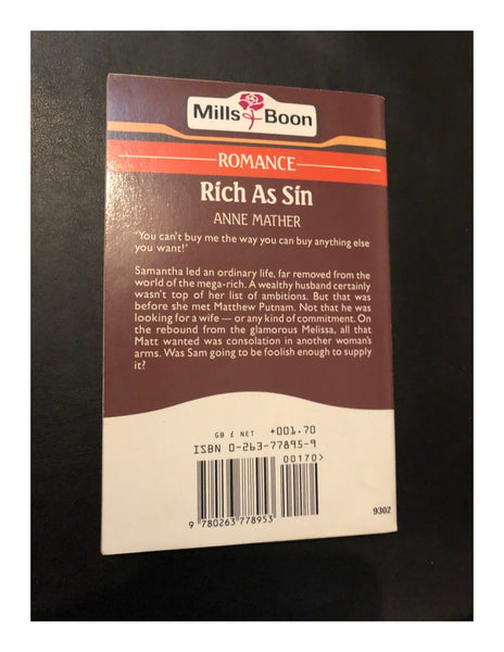 Rich as Sin by Anne Mather (Paperback 1993) A Mills & Boon Book