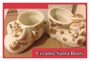 Pair of 2 x Gold & White Ceramic Santa Boots Christmas Ornaments Decoration SIL