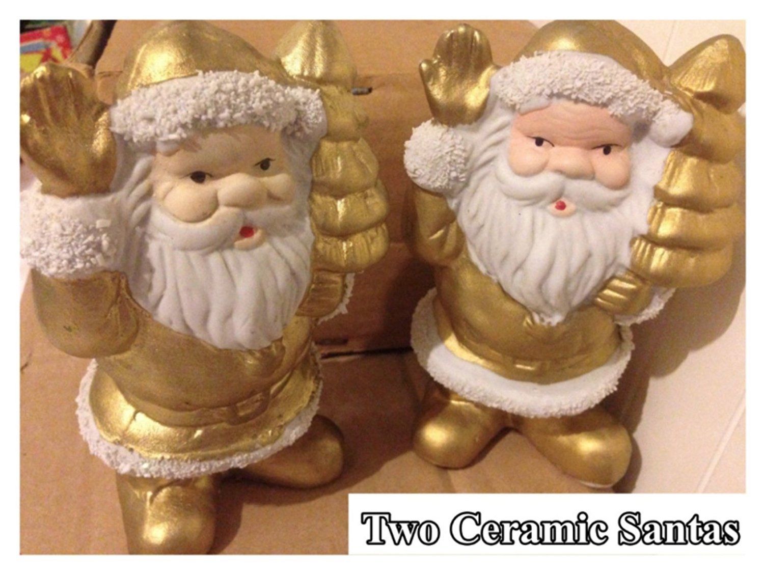 2 x Gold & White Ceramic Santas Christmas Ornaments - Decoration