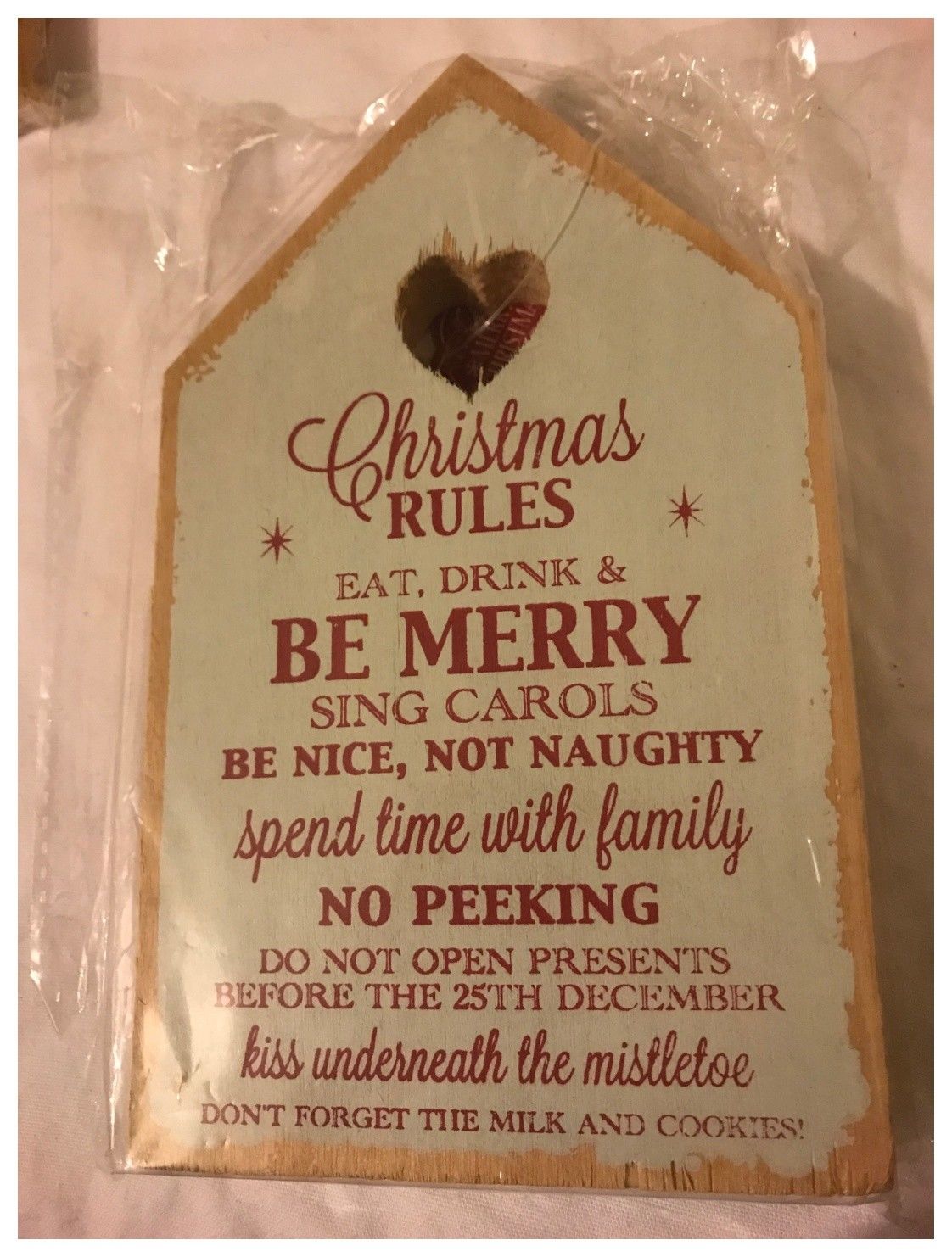 Christmas Slogan House Door Plaque Handmade Wood "Christmas Rules" White Sign